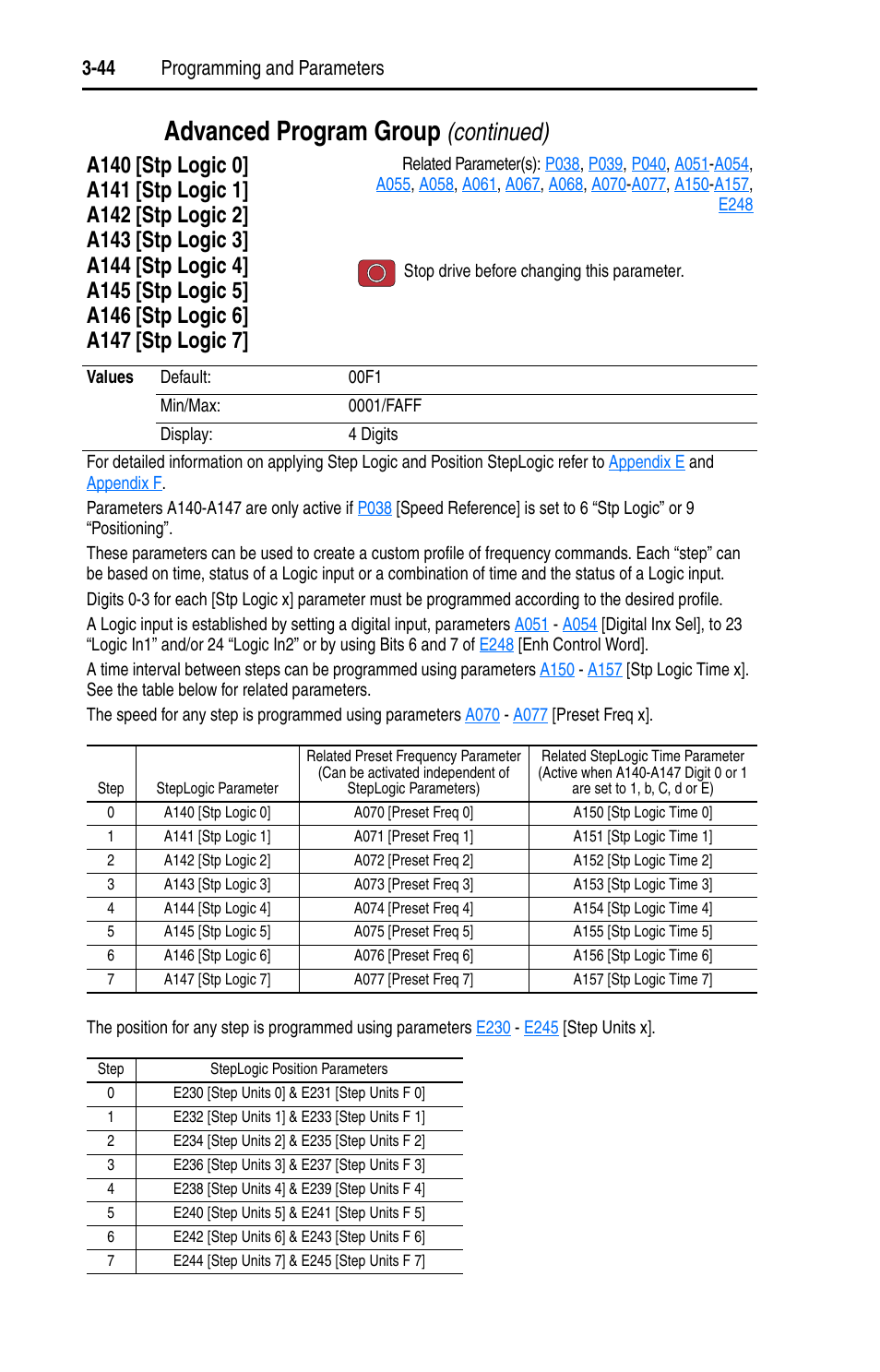 A140, A147, Advanced program group | Continued), 44 programming and parameters | Rockwell Automation 22D PowerFlex 40P User Manual, FRN 3 User Manual | Page 90 / 200