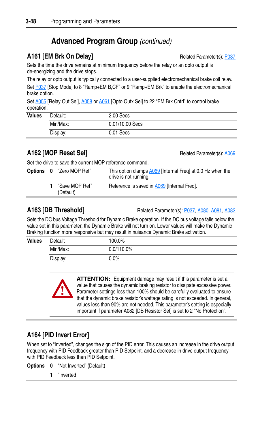 A161, Advanced program group, Continued) | A161 [em brk on delay, A162 [mop reset sel, A163 [db threshold, A164 [pid invert error | Rockwell Automation 22D PowerFlex 40P User Manual, FRN 3 User Manual | Page 94 / 200