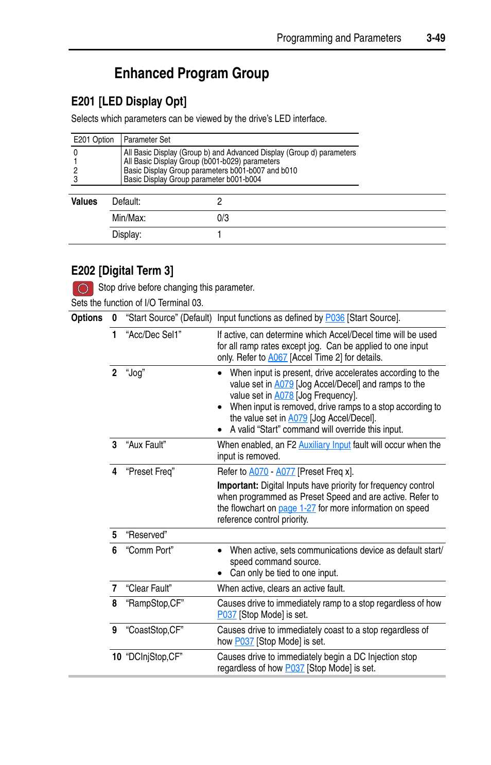 Enhanced program group, Enhanced program group -49, E202 | E201, E via, Digital t, E201 [led display opt, E202 [digital term 3 | Rockwell Automation 22D PowerFlex 40P User Manual, FRN 3 User Manual | Page 95 / 200
