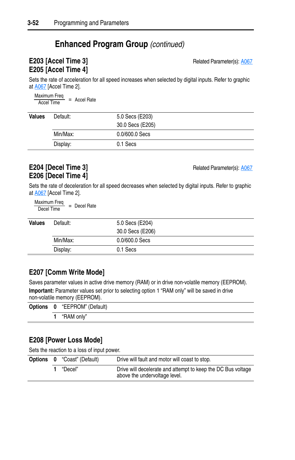 E203, E206, Enhanced program group | Continued), E203 [accel time 3, E205 [accel time 4, E204 [decel time 3, E206 [decel time 4, E207 [comm write mode, E208 [power loss mode | Rockwell Automation 22D PowerFlex 40P User Manual, FRN 3 User Manual | Page 98 / 200