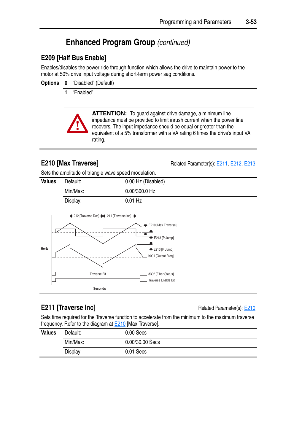 E210, Enhanced program group, Continued) | E209 [half bus enable, E210 [max traverse, E211 [traverse inc | Rockwell Automation 22D PowerFlex 40P User Manual, FRN 3 User Manual | Page 99 / 200
