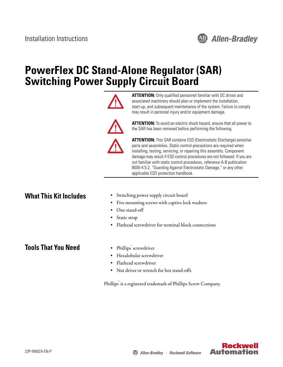 Rockwell Automation 23P PowerFlex DC Stand-Alone Regulator (SAR) Switching Power Supply Circuit Board User Manual | 10 pages