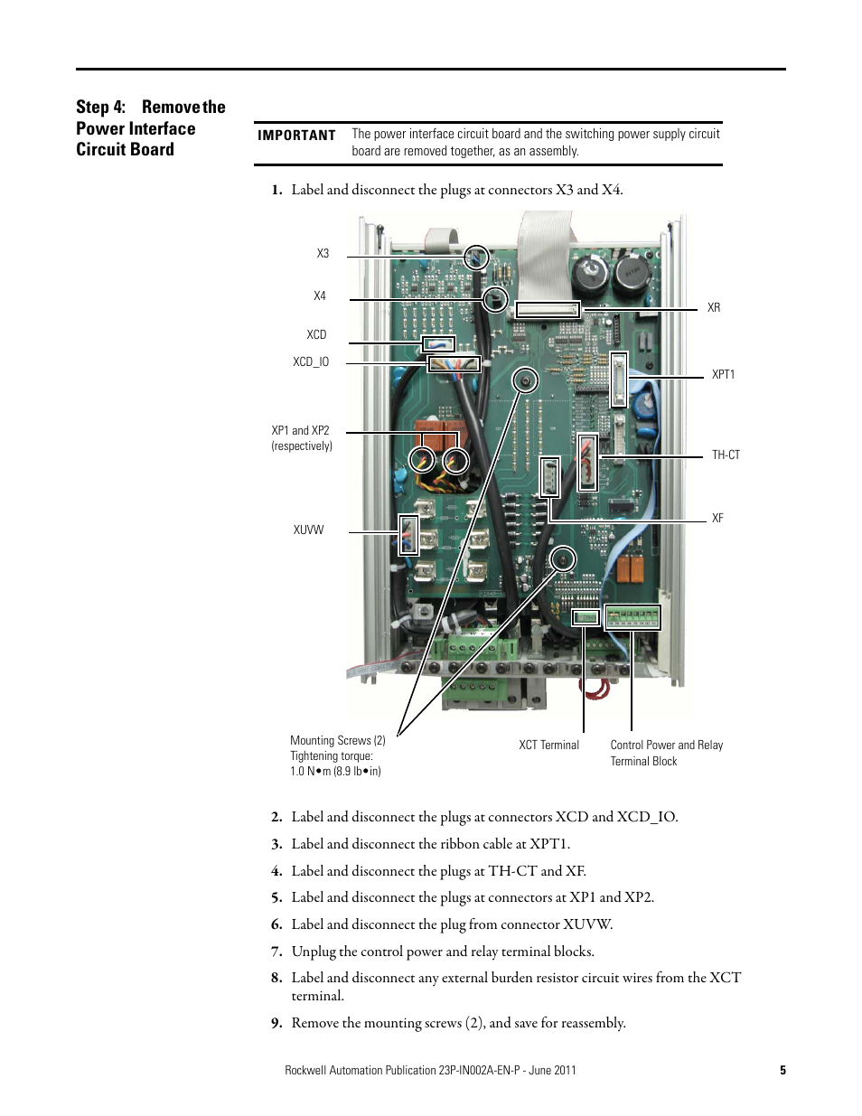 Step 4: remove the power interface circuit board, Remove the power interface circuit board | Rockwell Automation 23P PowerFlex DC Stand-Alone Regulator (SAR) Switching Power Supply Circuit Board User Manual | Page 5 / 10