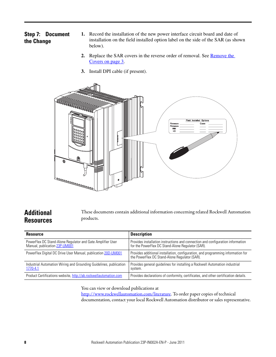 Step 7: document the change, Additional resources, Document the change | Rockwell Automation 23P PowerFlex DC Stand-Alone Regulator (SAR) Switching Power Supply Circuit Board User Manual | Page 8 / 10