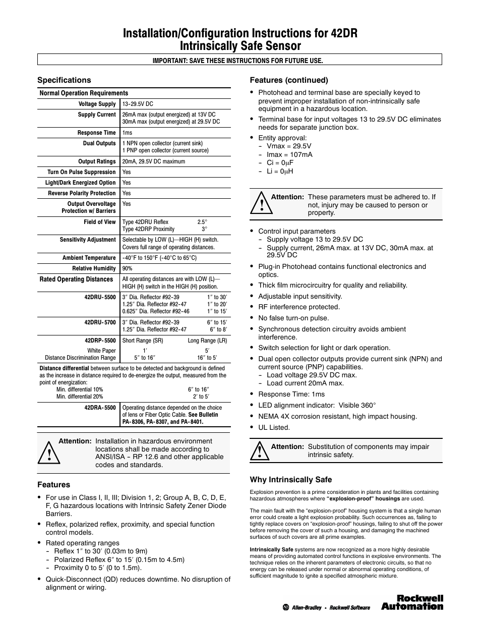 Rockwell Automation 42DR Intrinsically Safe Sensor User Manual | 8 pages