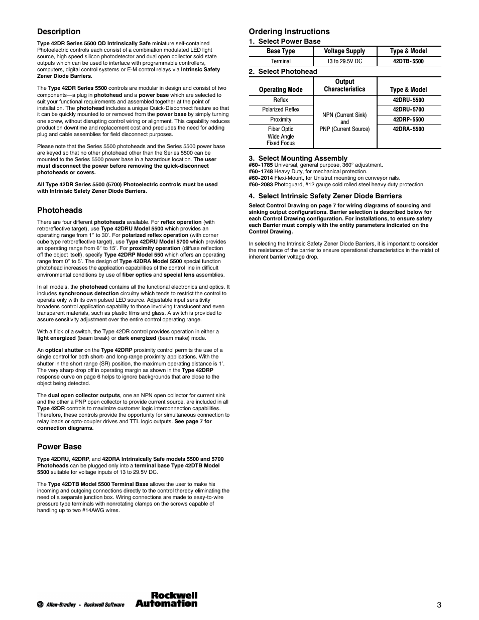 3description, Photoheads, Power base | Ordering instructions | Rockwell Automation 42DR Intrinsically Safe Sensor User Manual | Page 3 / 8