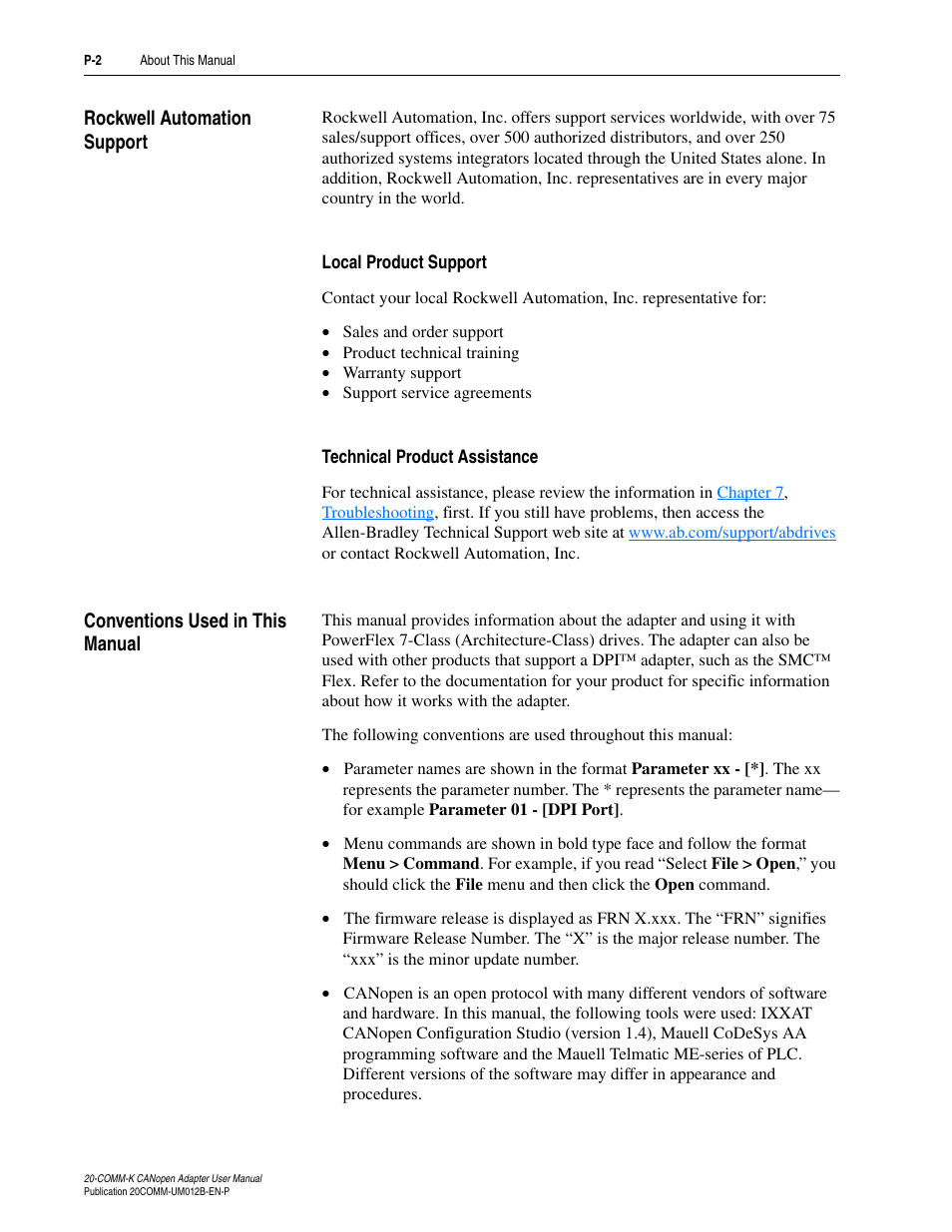 Rockwell automation support, Conventions used in this manual | Rockwell Automation 20-COMM-K CANopen Adapter User Manual | Page 10 / 124