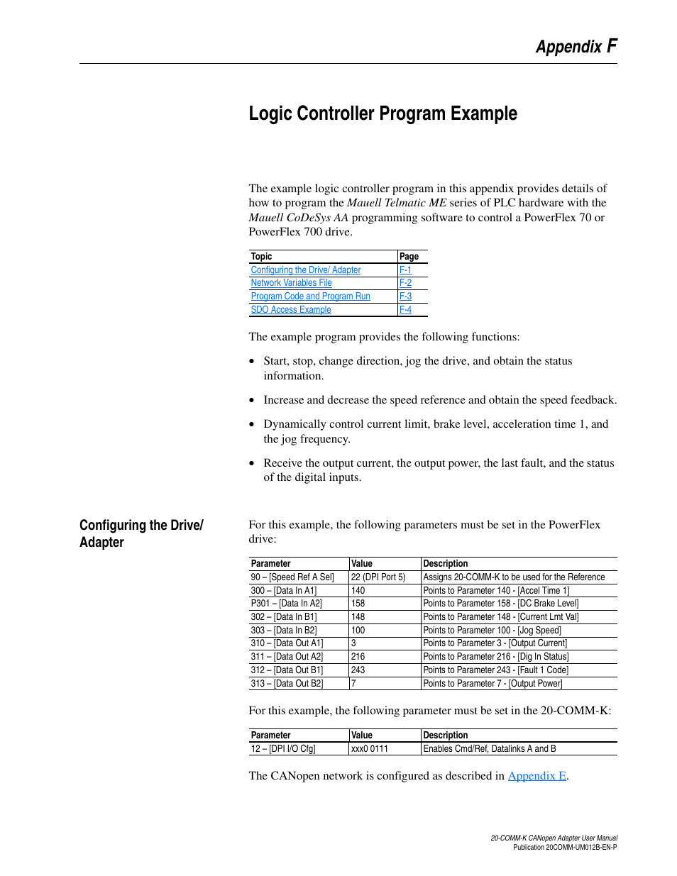 Appendix f, Logic controller program example, Configuring the drive/ adapter | Flogic controller program example, Appendix | Rockwell Automation 20-COMM-K CANopen Adapter User Manual | Page 101 / 124