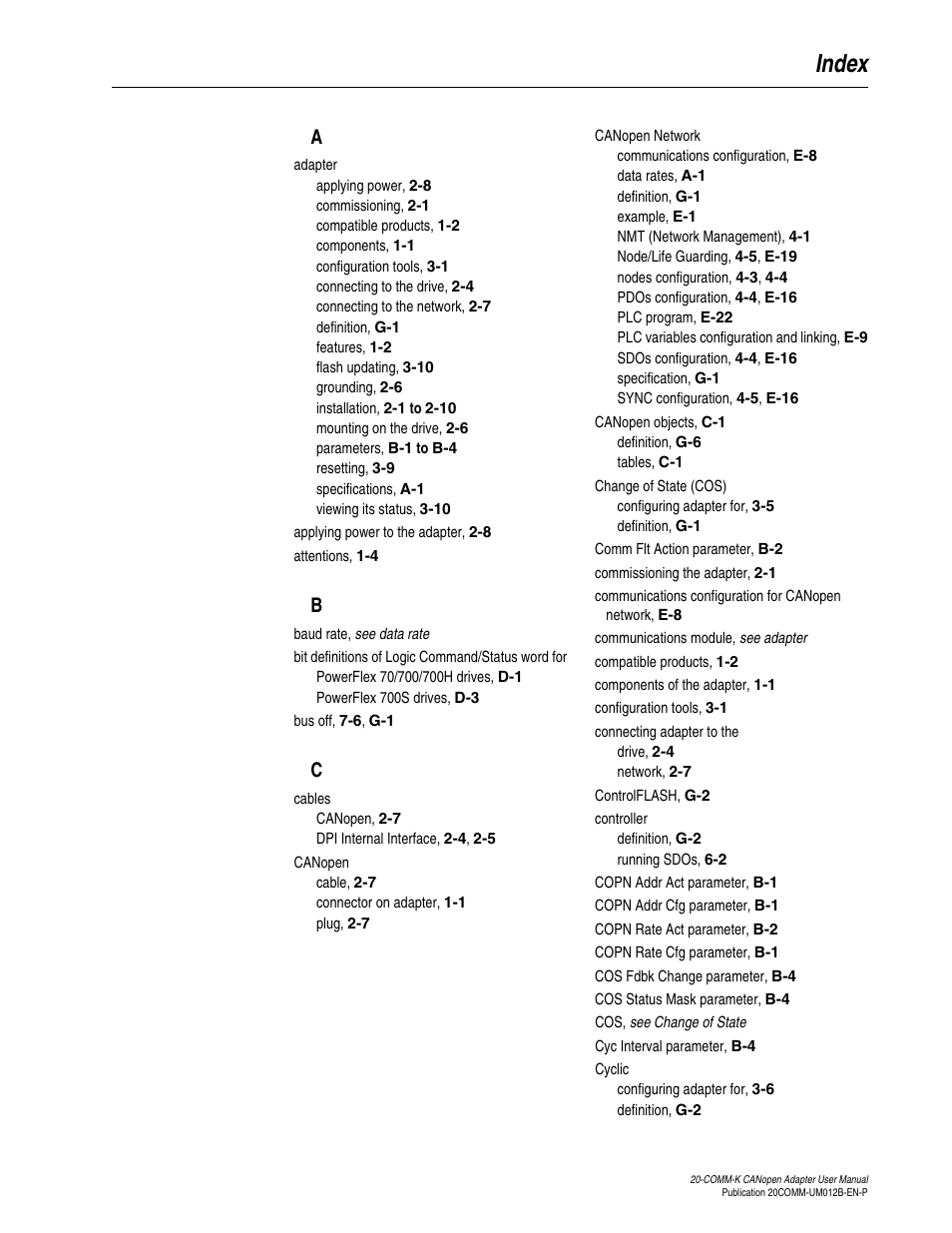 Index | Rockwell Automation 20-COMM-K CANopen Adapter User Manual | Page 117 / 124