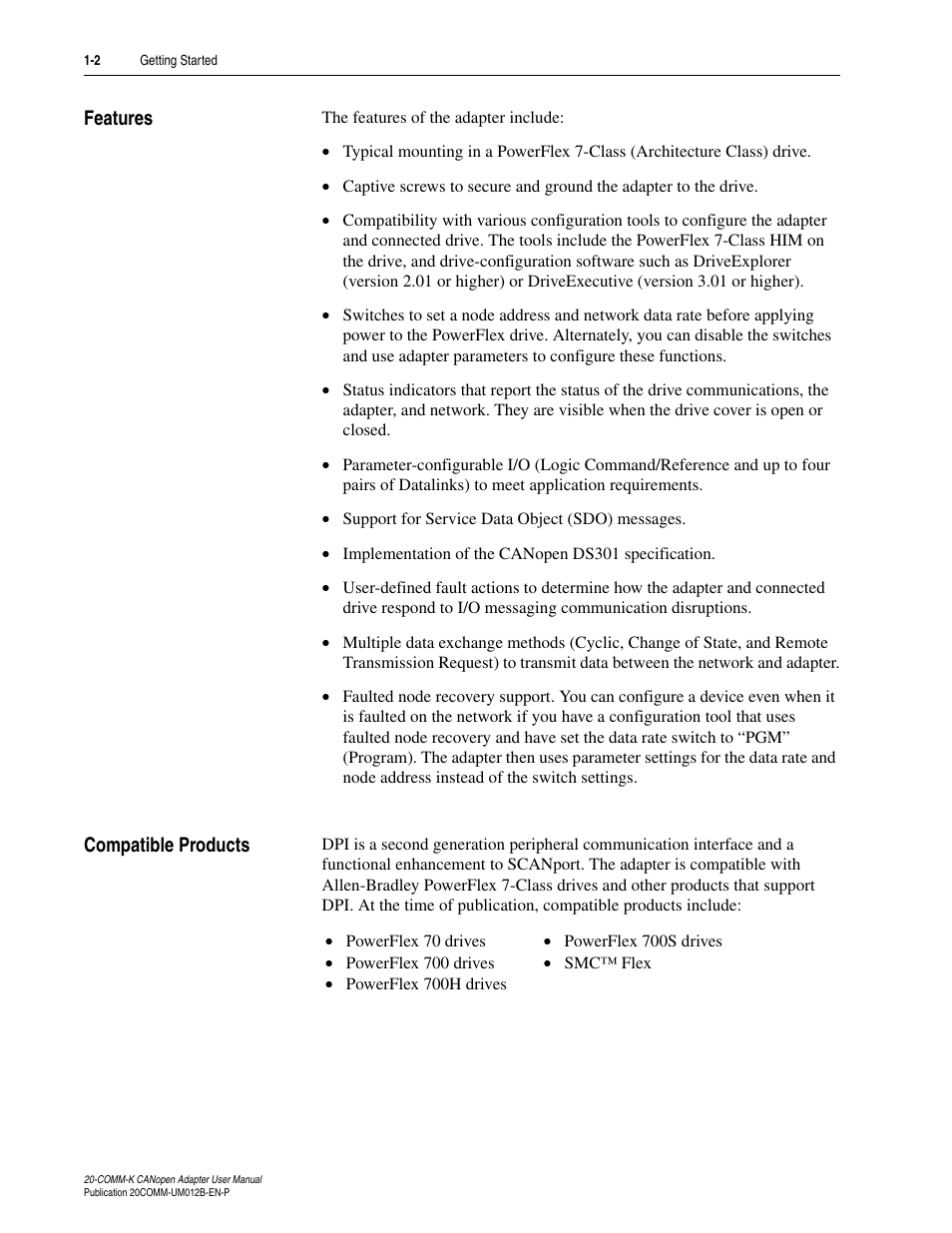 Features, Compatible products, Features -2 compatible products -2 | Rockwell Automation 20-COMM-K CANopen Adapter User Manual | Page 12 / 124