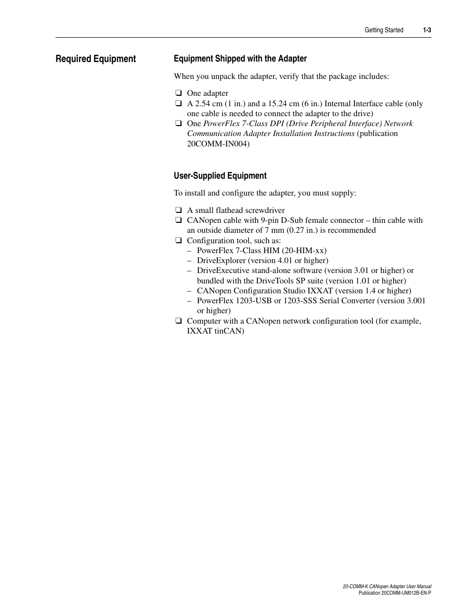 Required equipment, Required equipment -3 | Rockwell Automation 20-COMM-K CANopen Adapter User Manual | Page 13 / 124