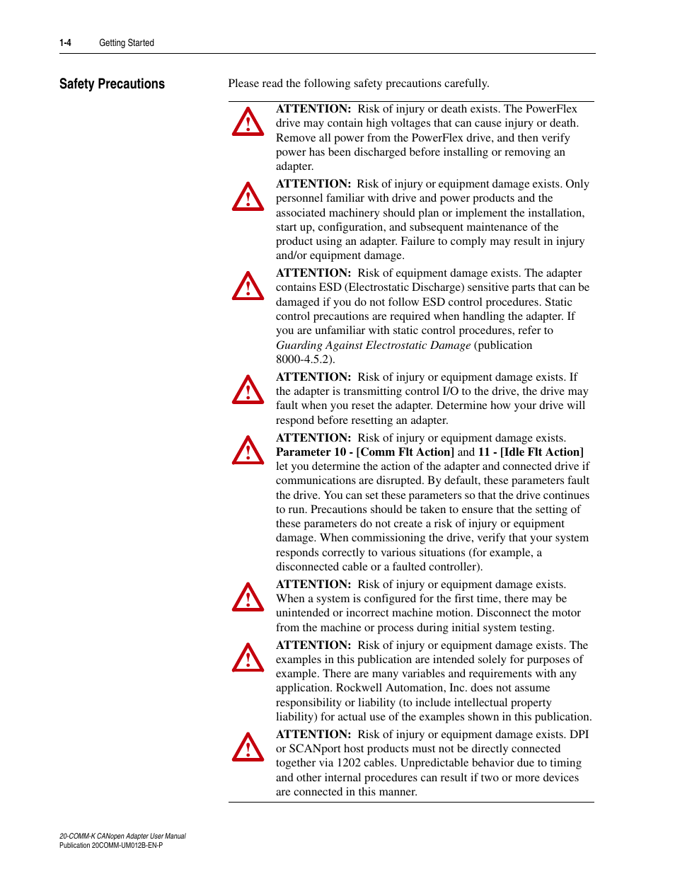 Safety precautions, Safety precautions -4 | Rockwell Automation 20-COMM-K CANopen Adapter User Manual | Page 14 / 124