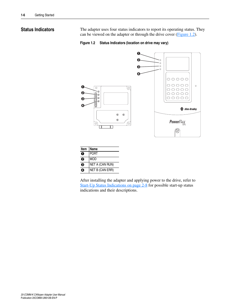 Status indicators, Status indicators -6 | Rockwell Automation 20-COMM-K CANopen Adapter User Manual | Page 16 / 124