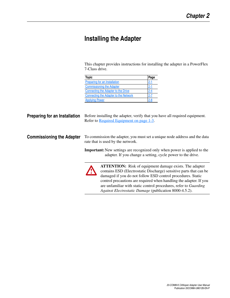 Chapter 2, Installing the adapter, Preparing for an installation | Commissioning the adapter | Rockwell Automation 20-COMM-K CANopen Adapter User Manual | Page 17 / 124