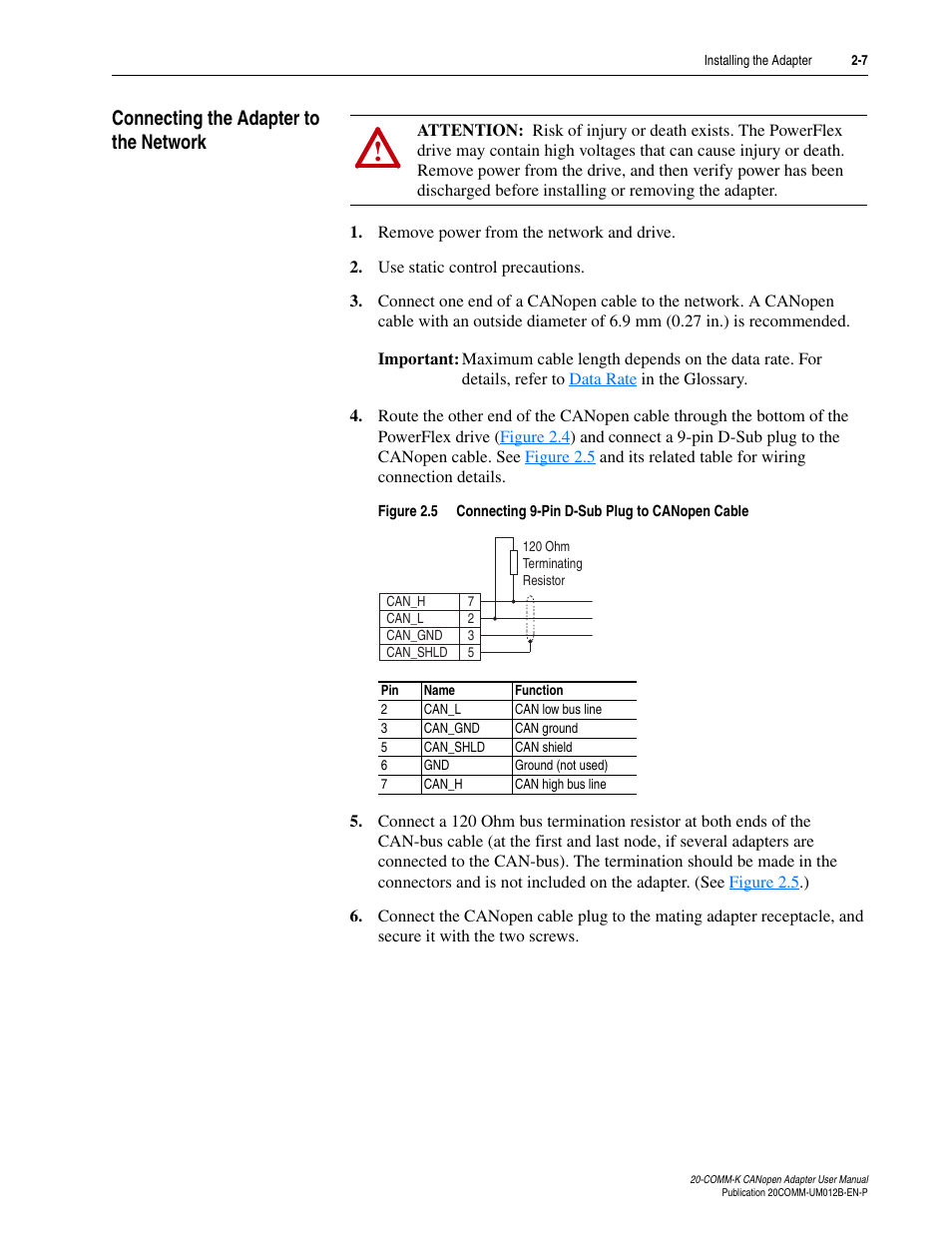 Connecting the adapter to the network, Connecting the adapter to the network -7 | Rockwell Automation 20-COMM-K CANopen Adapter User Manual | Page 23 / 124