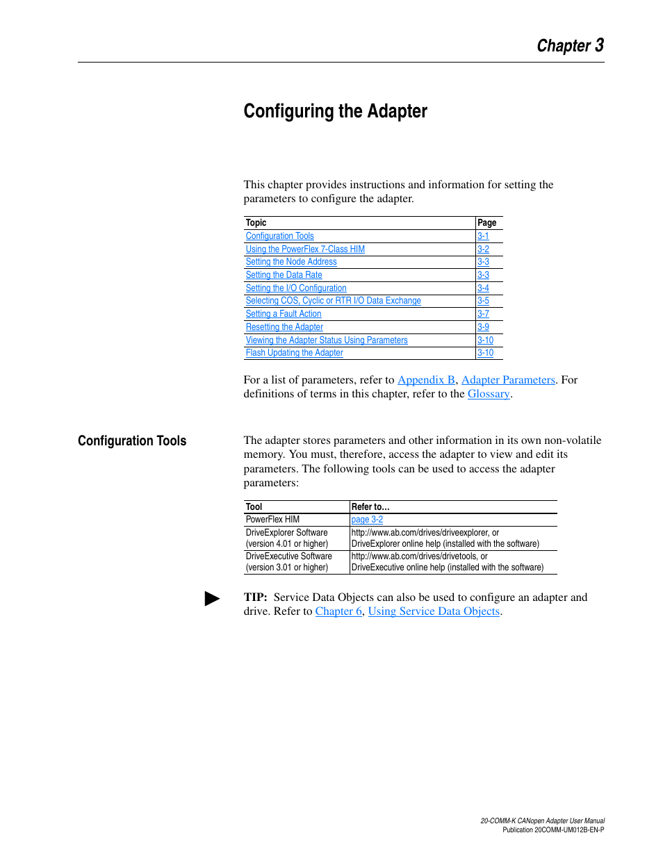 Chapter 3, Configuring the adapter, Configuration tools | Configuration tools -1, 3configuring the adapter | Rockwell Automation 20-COMM-K CANopen Adapter User Manual | Page 27 / 124