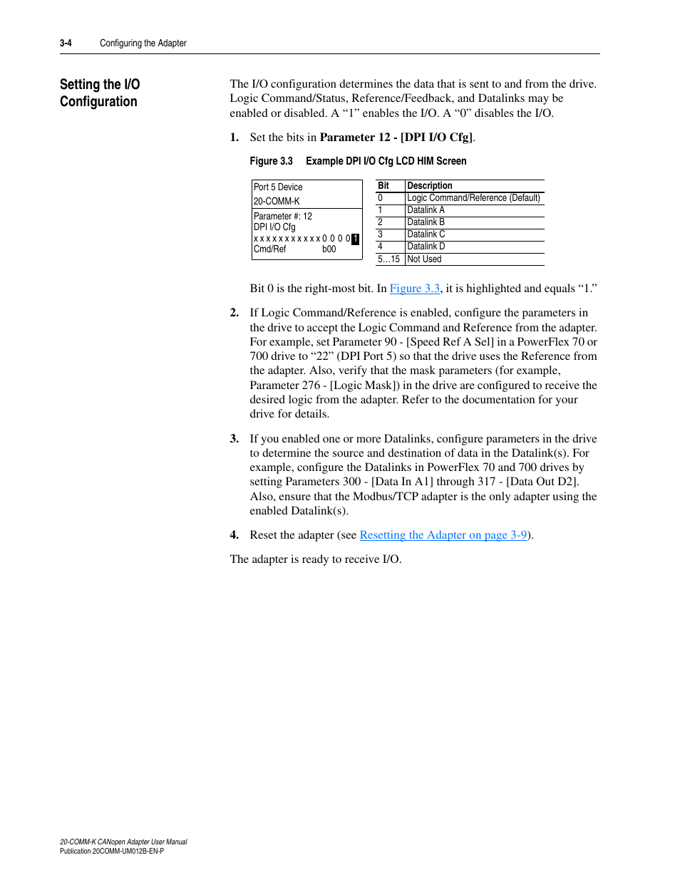 Setting the i/o configuration, Setting the i/o configuration -4 | Rockwell Automation 20-COMM-K CANopen Adapter User Manual | Page 30 / 124