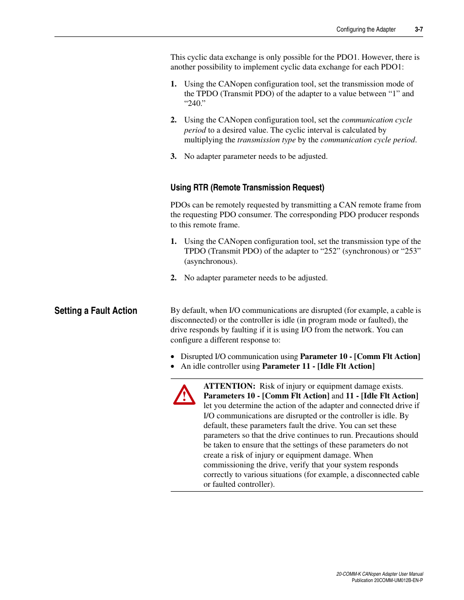 Setting a fault action, Setting a fault action -7 | Rockwell Automation 20-COMM-K CANopen Adapter User Manual | Page 33 / 124