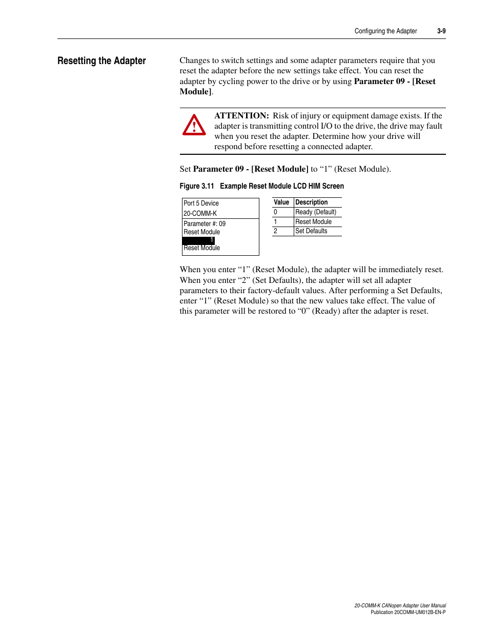 Resetting the adapter, Resetting the adapter -9 | Rockwell Automation 20-COMM-K CANopen Adapter User Manual | Page 35 / 124