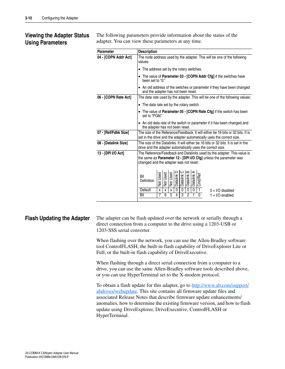 Viewing the adapter status using parameters, Flash updating the adapter | Rockwell Automation 20-COMM-K CANopen Adapter User Manual | Page 36 / 124