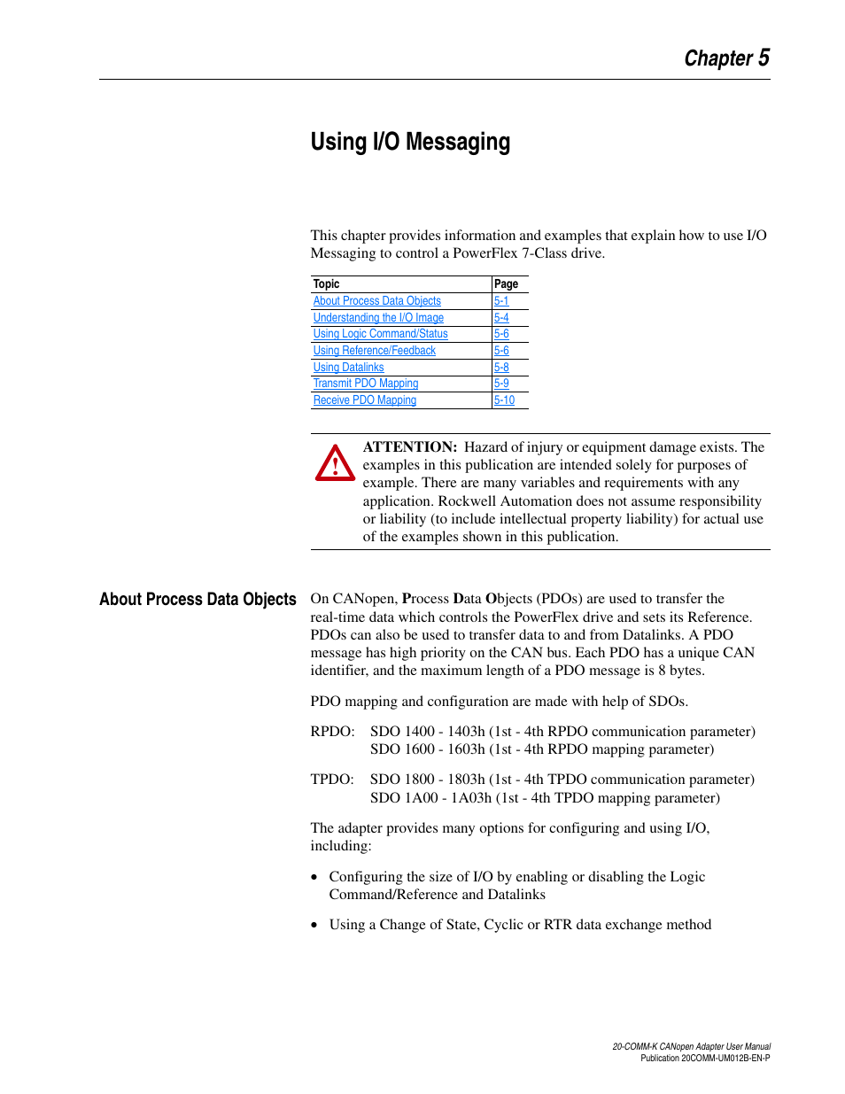 Chapter 5, Using i/o messaging, About process data objects | About process data objects -1, 5using i/o messaging | Rockwell Automation 20-COMM-K CANopen Adapter User Manual | Page 43 / 124