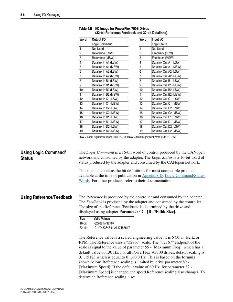 Using logic command/ status, Using reference/feedback, Using logic command/status | Rockwell Automation 20-COMM-K CANopen Adapter User Manual | Page 48 / 124