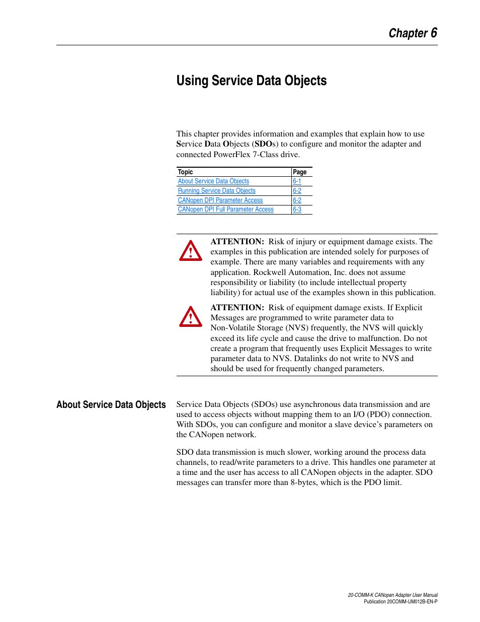 Chapter 6, Using service data objects, About service data objects | About service data objects -1 | Rockwell Automation 20-COMM-K CANopen Adapter User Manual | Page 53 / 124
