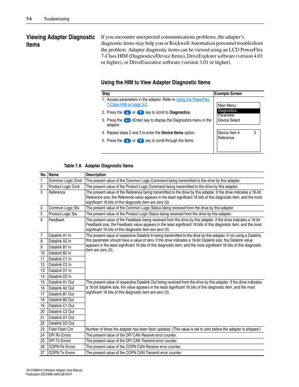Viewing adapter diagnostic items, Viewing adapter diagnostic items -4 | Rockwell Automation 20-COMM-K CANopen Adapter User Manual | Page 60 / 124