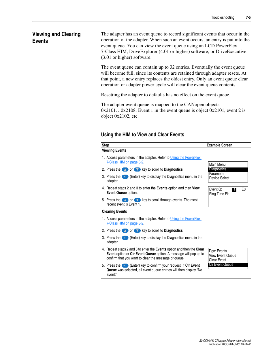 Viewing and clearing events, Viewing and clearing events -5 | Rockwell Automation 20-COMM-K CANopen Adapter User Manual | Page 61 / 124
