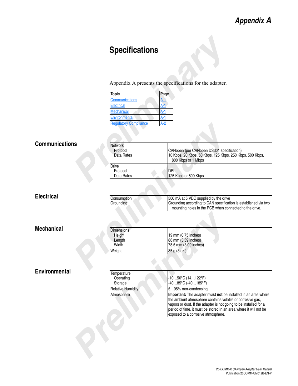 Appendix a, Specifications, Communications | Electrical, Mechanical, Environmental, Pre limin ary preliminary p relimin ary | Rockwell Automation 20-COMM-K CANopen Adapter User Manual | Page 63 / 124