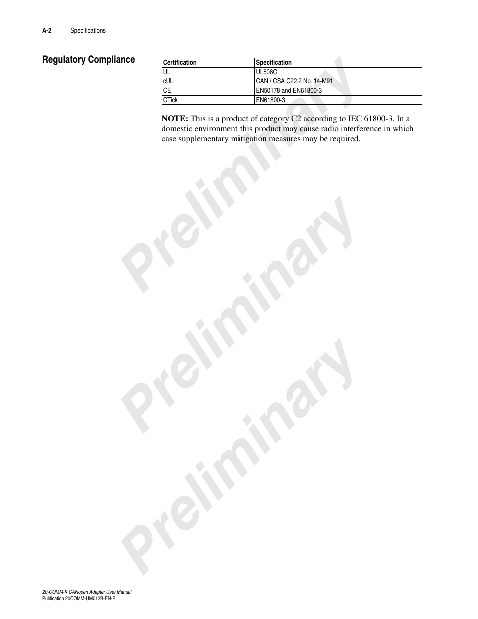 Regulatory compliance, Pre limin ary preliminary p relimin ary | Rockwell Automation 20-COMM-K CANopen Adapter User Manual | Page 64 / 124