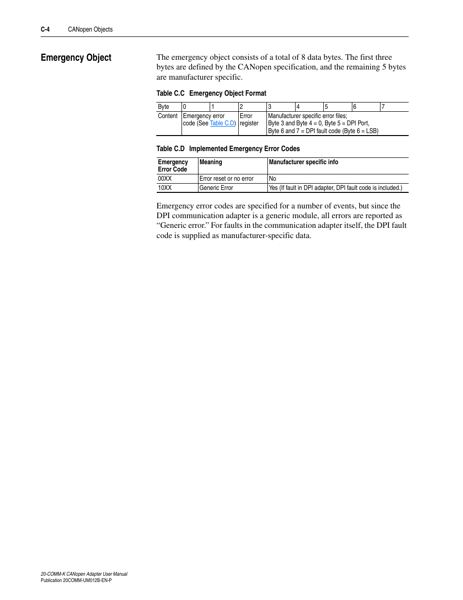 Emergency object | Rockwell Automation 20-COMM-K CANopen Adapter User Manual | Page 72 / 124