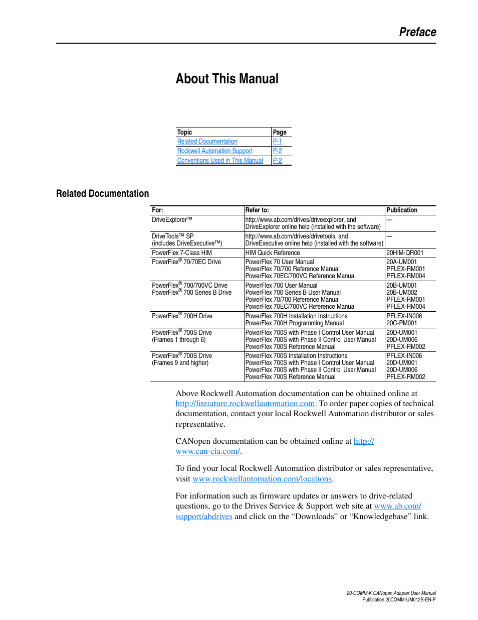 Preface, About this manual, Related documentation | Rockwell Automation 20-COMM-K CANopen Adapter User Manual | Page 9 / 124