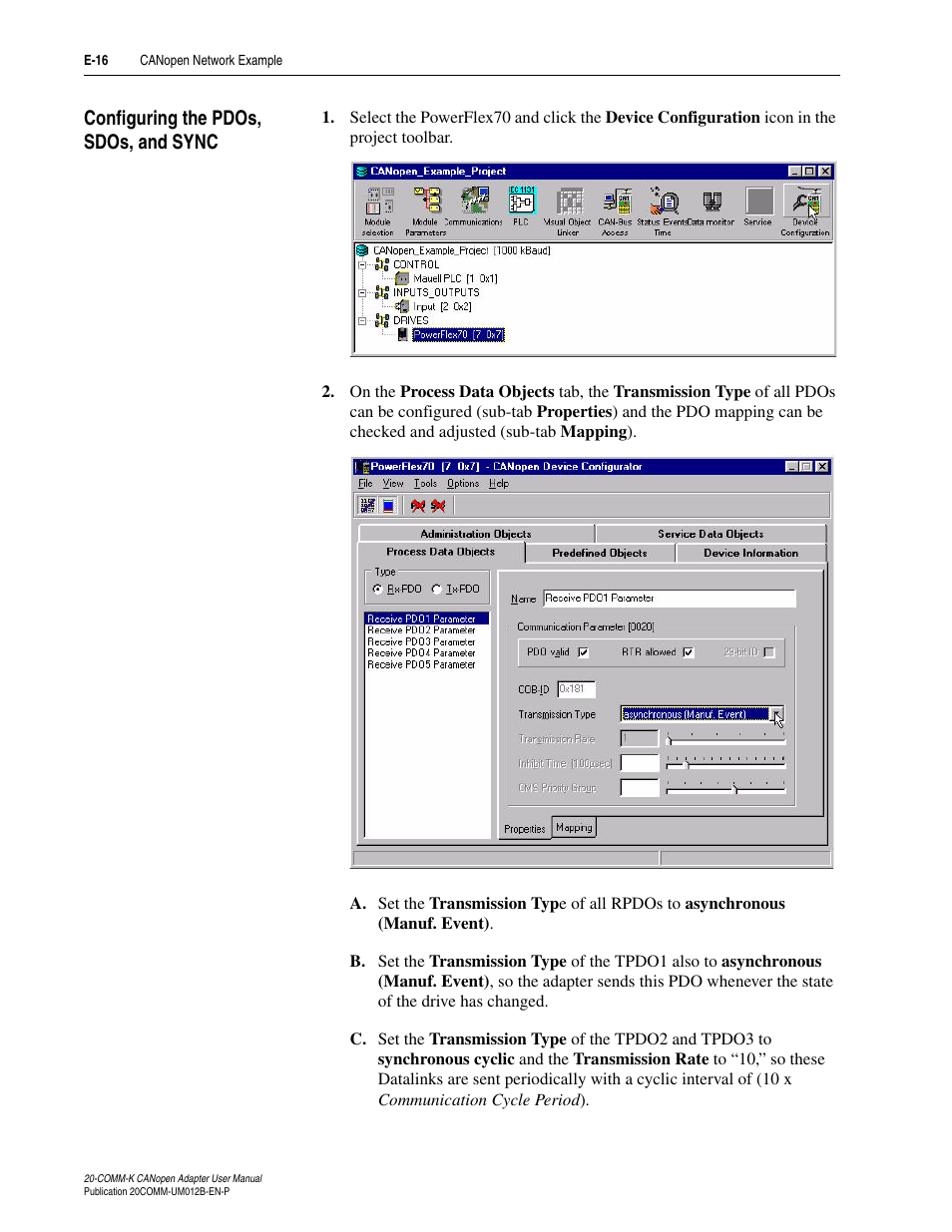 Configuring the pdos, sdos, and sync, E-16 | Rockwell Automation 20-COMM-K CANopen Adapter User Manual | Page 92 / 124