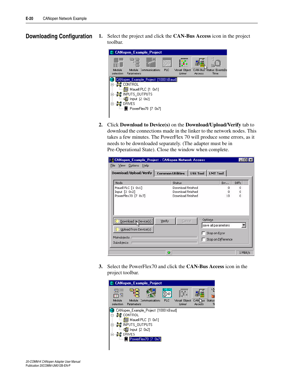 Downloading configuration, E-20 | Rockwell Automation 20-COMM-K CANopen Adapter User Manual | Page 96 / 124