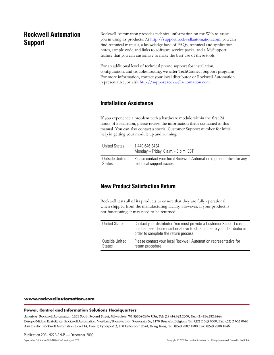 Installation assistance, New product satisfaction return, Back cover | Rockwell automation support | Rockwell Automation PF700 Power Interface Board and SMPS Board Replacement - Frames 7, 8, 9, 10 User Manual | Page 20 / 20