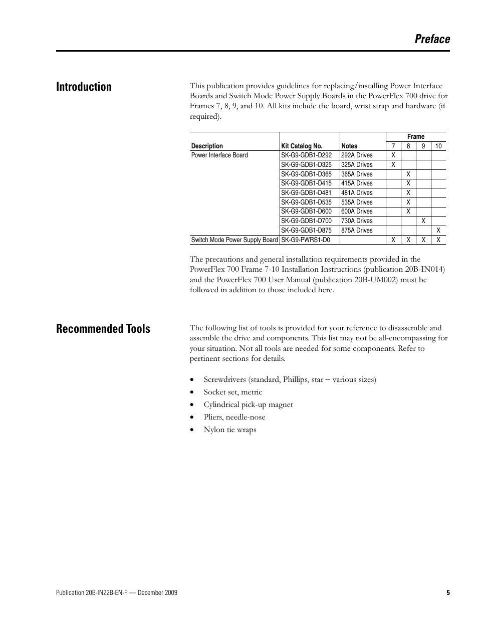 Preface, Introduction, Recommended tools | Introduction recommended tools, Preface introduction | Rockwell Automation PF700 Power Interface Board and SMPS Board Replacement - Frames 7, 8, 9, 10 User Manual | Page 5 / 20