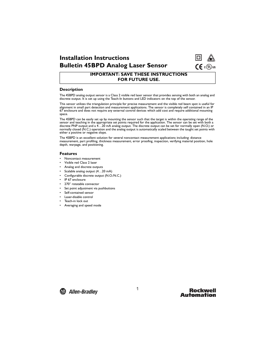 Rockwell Automation 45BPD Analog Laser Sensor User Manual | 12 pages