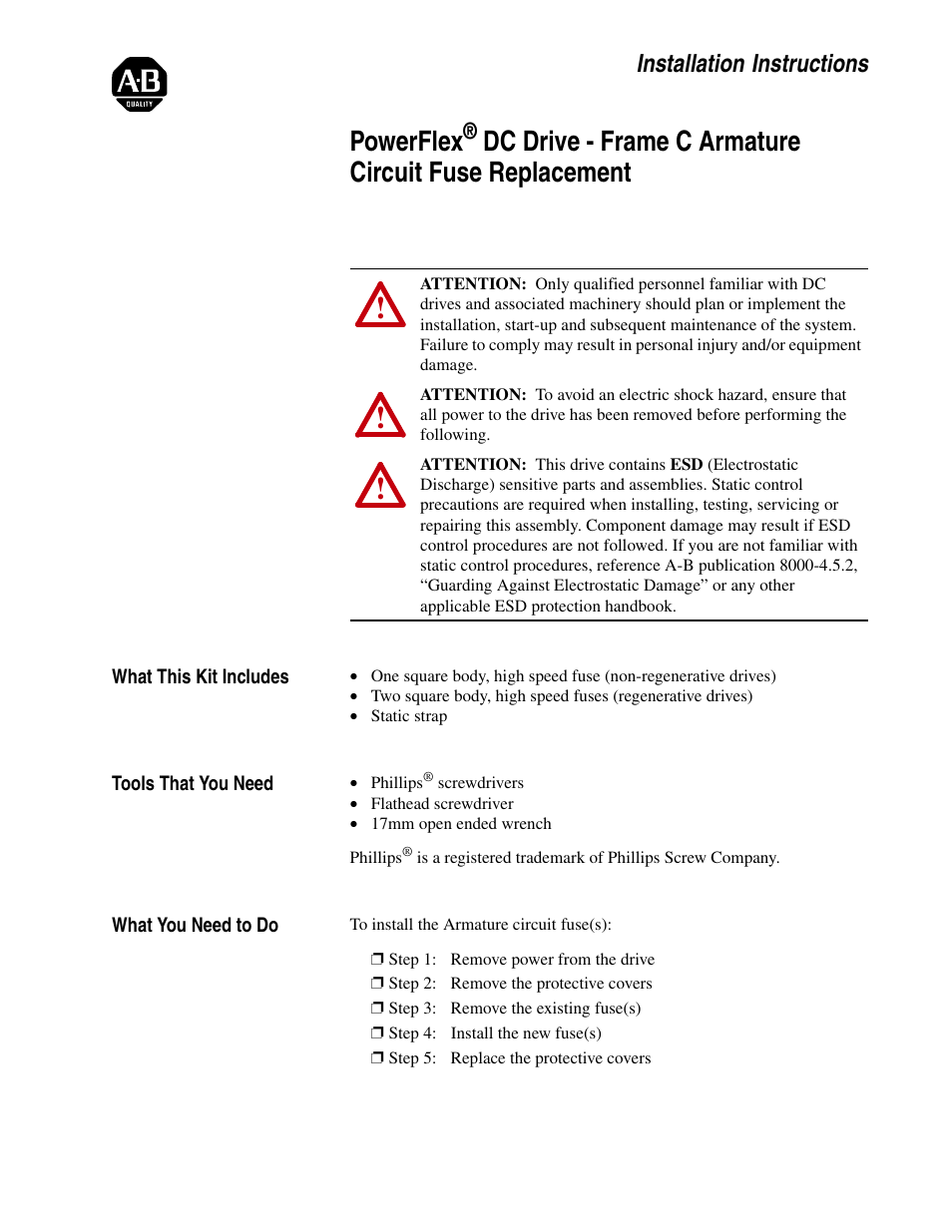 Rockwell Automation 20P PowerFlex DC Drive - Frame C Armature Circuit Fuse Replacement User Manual | 8 pages
