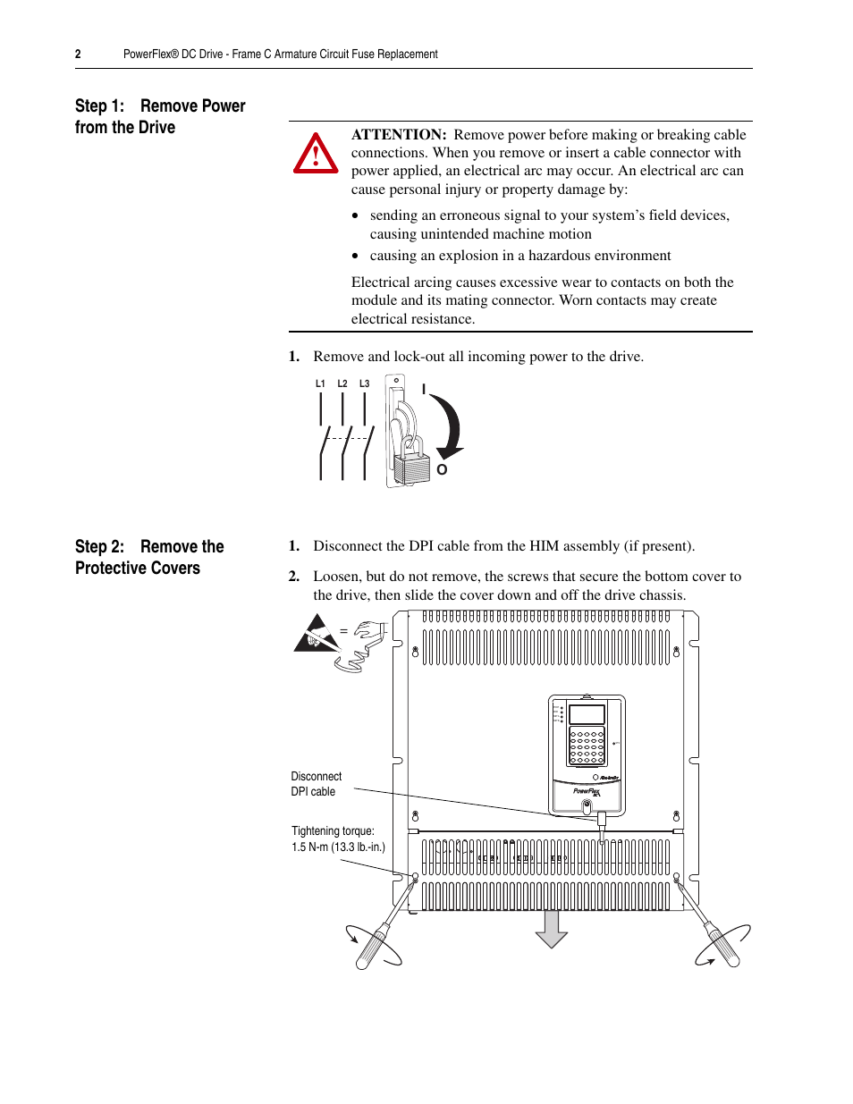 Step 1: remove power from the drive, Step 2: remove the protective covers | Rockwell Automation 20P PowerFlex DC Drive - Frame C Armature Circuit Fuse Replacement User Manual | Page 2 / 8