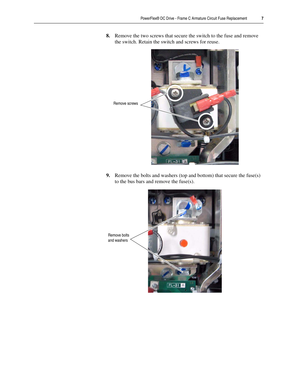 Rockwell Automation 20P PowerFlex DC Drive - Frame C Armature Circuit Fuse Replacement User Manual | Page 7 / 8