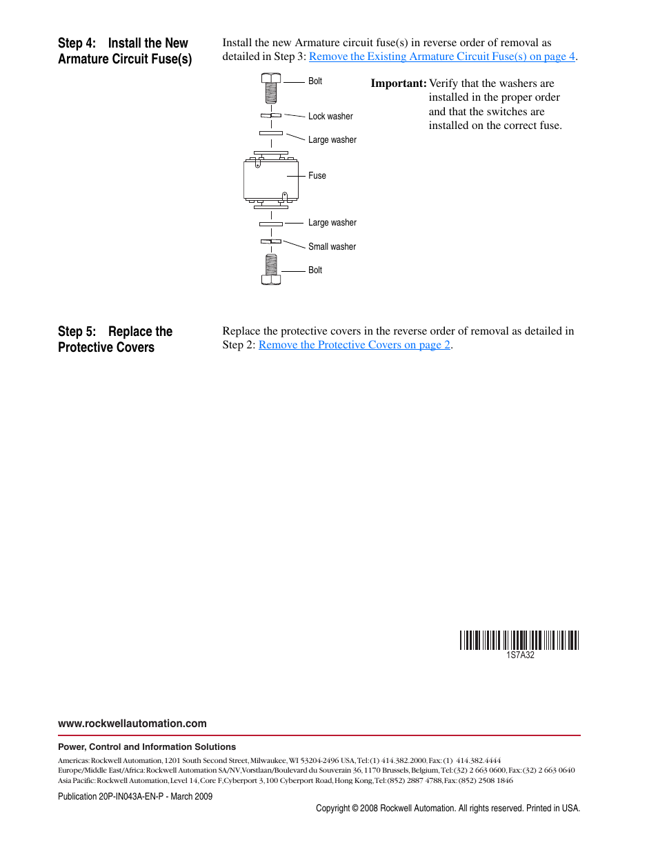 Step 4: install the new armature circuit fuse(s), Step 5: replace the protective covers, Pub. no. - date | Rockwell Automation 20P PowerFlex DC Drive - Frame C Armature Circuit Fuse Replacement User Manual | Page 8 / 8