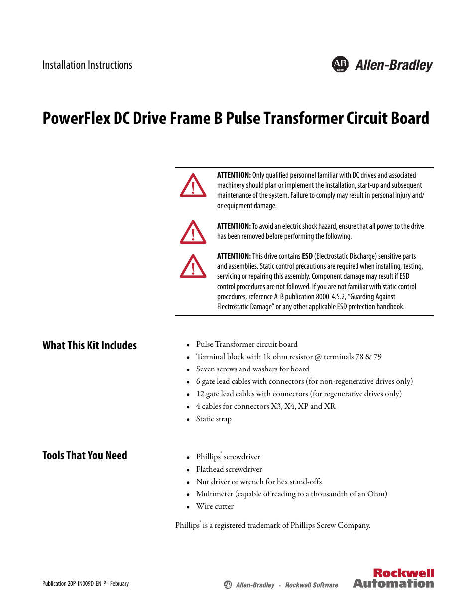 Rockwell Automation 20P PowerFlex DC Drive - Frame B Pulse Transformer Circuit Board User Manual | 18 pages