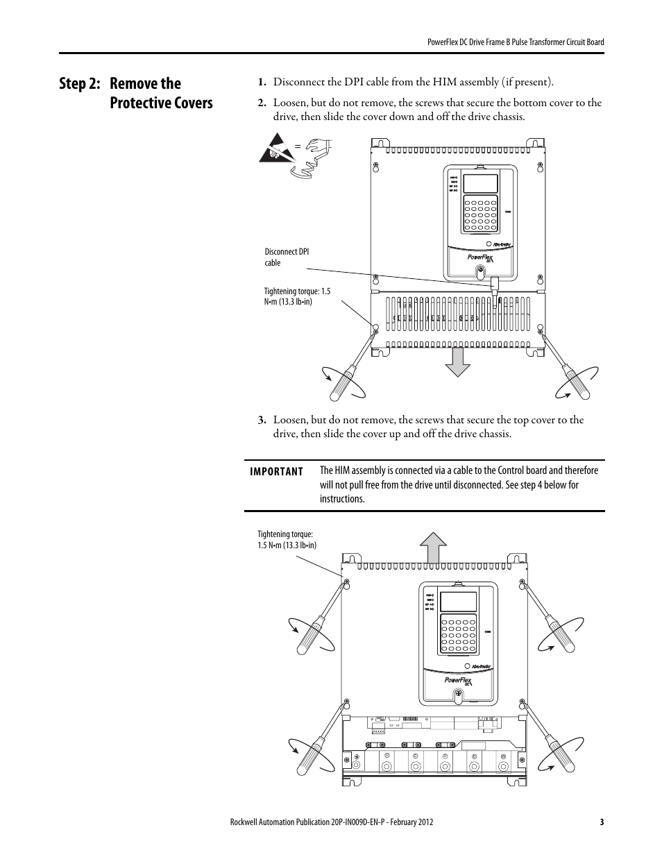 Step 2: remove the protective covers | Rockwell Automation 20P PowerFlex DC Drive - Frame B Pulse Transformer Circuit Board User Manual | Page 3 / 18