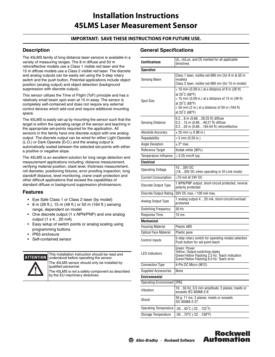 Rockwell Automation 45LMS Laser Measurement Sensor User Manual | 4 pages