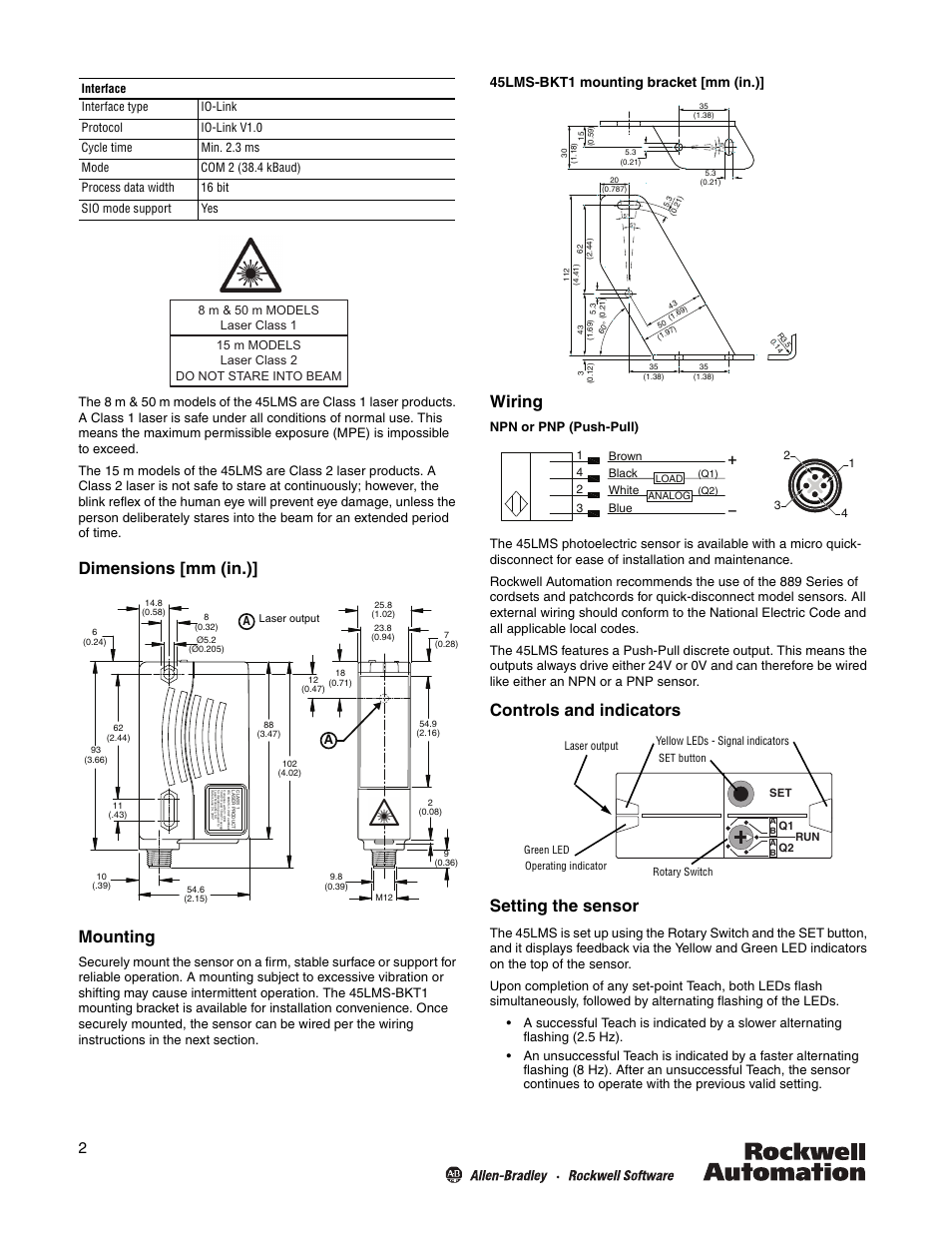 Dimensions [mm (in.), Mounting, Wiring | Controls and indicators setting the sensor, 45lms-bkt1 mounting bracket [mm (in.) | Rockwell Automation 45LMS Laser Measurement Sensor User Manual | Page 2 / 4