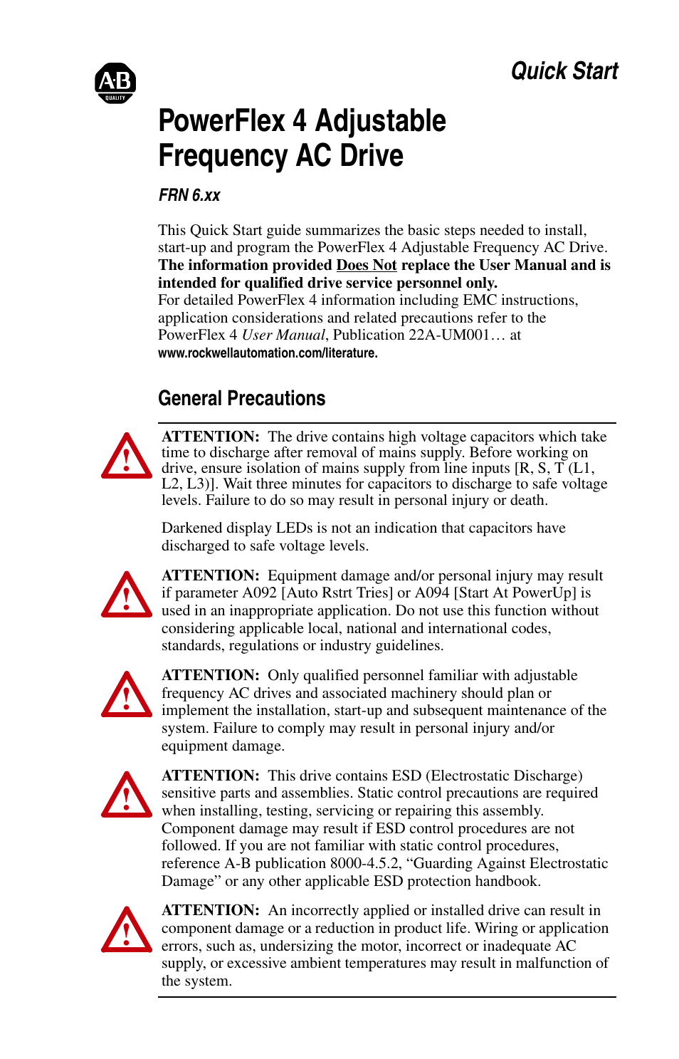 Rockwell Automation 22A PowerFlex 4 Quick Start FRN 6.xx User Manual | 12 pages