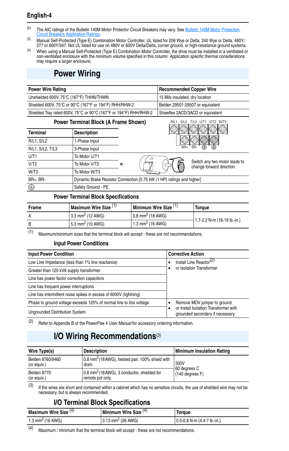 Power wiring, I/o wiring recommendations, I/o terminal block specifications | English-4 | Rockwell Automation 22A PowerFlex 4 Quick Start FRN 6.xx User Manual | Page 4 / 12