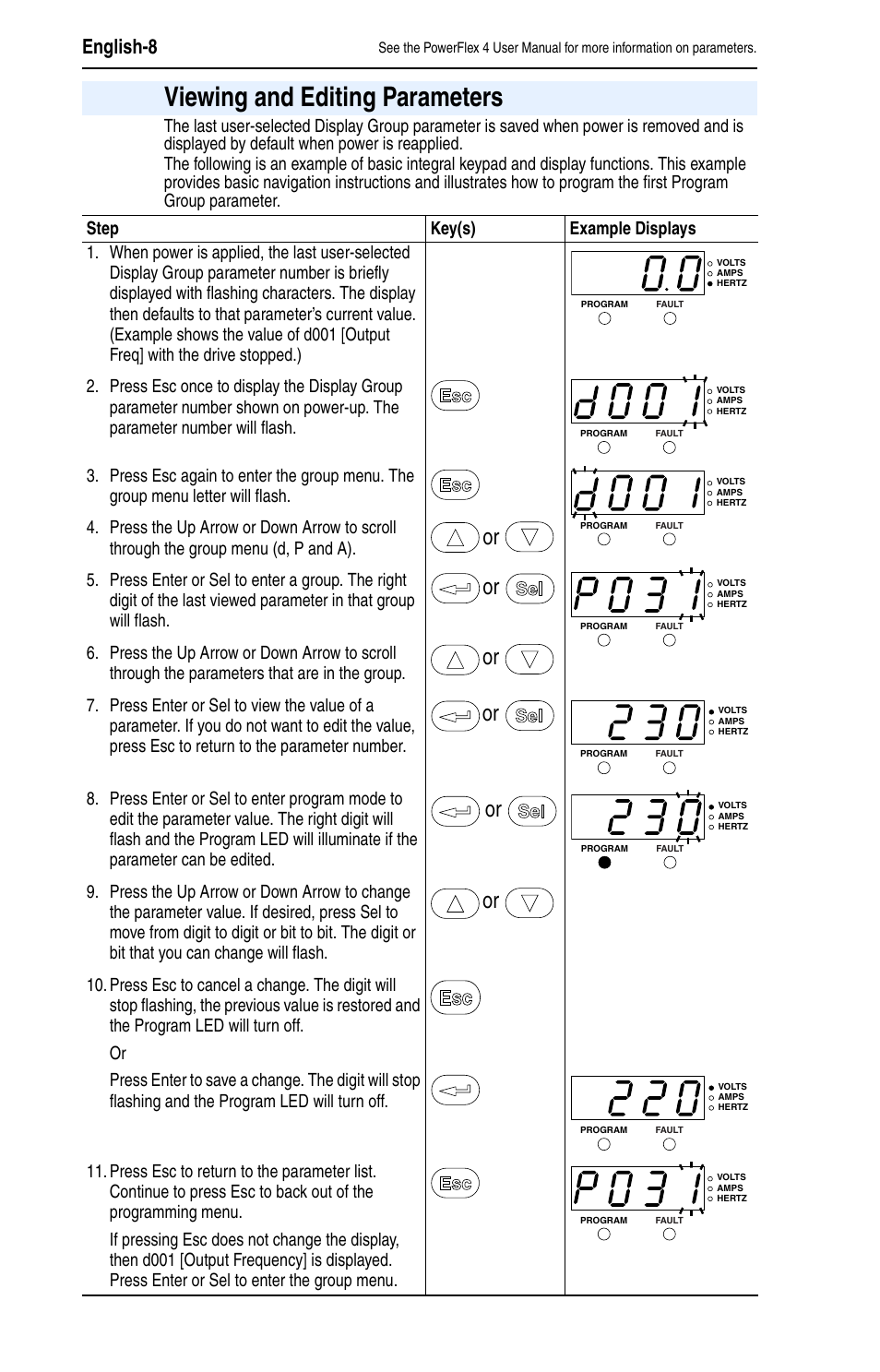 Viewing and editing parameters, English-8 | Rockwell Automation 22A PowerFlex 4 Quick Start FRN 6.xx User Manual | Page 8 / 12