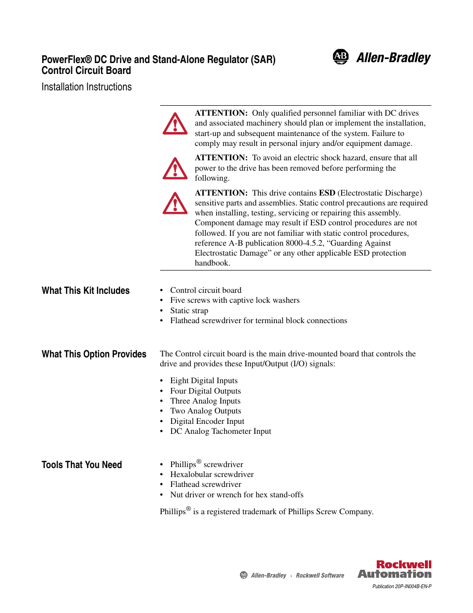 Rockwell Automation 20P, 23P PowerFlex DC Drive and SAR Control Circuit Board Installation Instructions User Manual | 18 pages